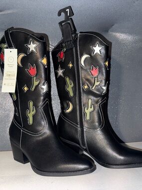 Womens Western Boots Size 7 Black Cowboy Cactus Star Moon Memory Foam New